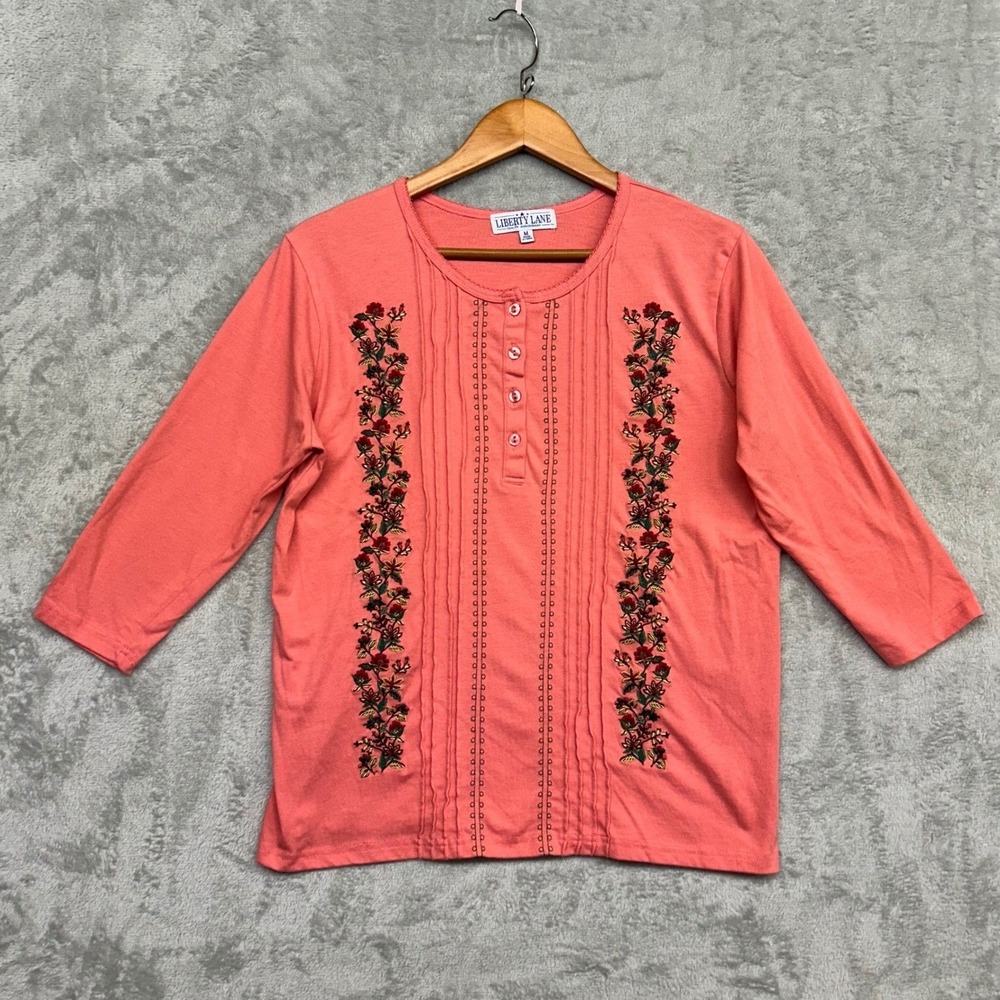 Liberty Lane Henley Top Floral Embroidered Coral Pink Prairie Chic Medium